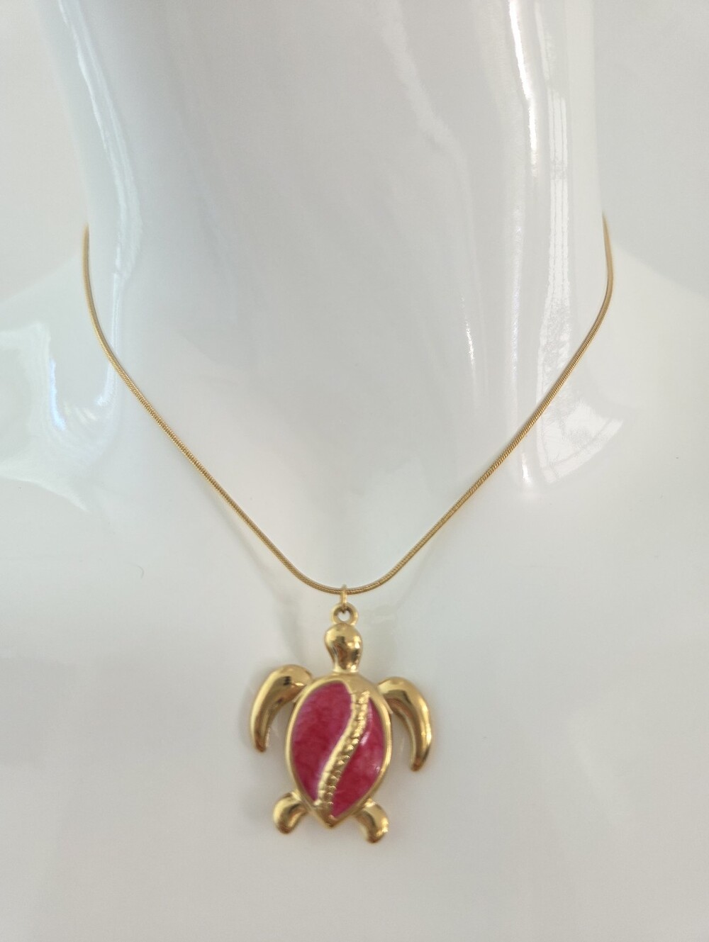 Gold Pink Enamel Sea Turtle Pendant Necklace Snake Chain Summer Beach Jewelry